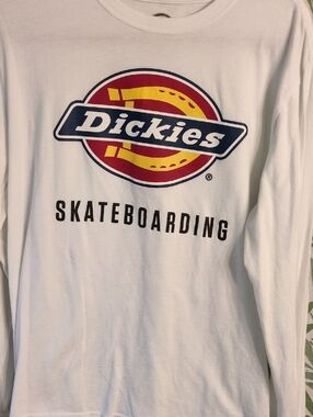 Dickies White Long Sleeve Skateboarding Tee with Red/Yellow/Navy Logo